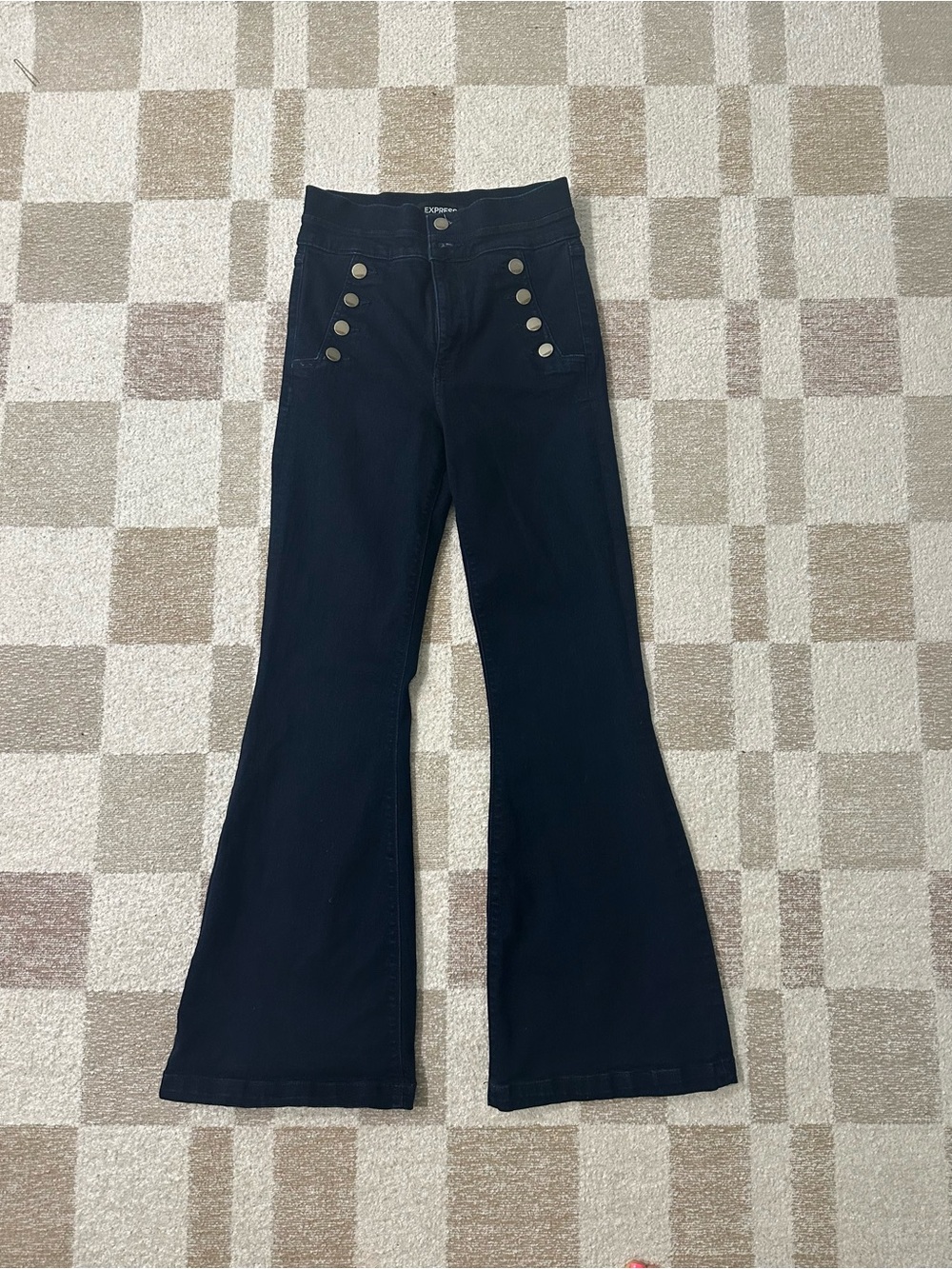Express Navy High-Waist Sailor Flare Jeans with Button Detail